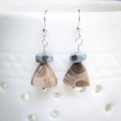 Add some natural elegance to your look with these wonderful Petoskey stone and Leland blue earrings.  Both stones are from Northern Michigan so these make a great reminder of time spent "Up North."  The unusual triangular shape of the Petoskey stone and the contrast of the Leland Blue make these especially striking.  They are long enough to be eye-catching and have a nice swing to them, yet light and comfortable to wear.  They are equally suitable with a tank top and flip flops or a dress and heels.   These earrings are about 1.6 inches long from the top of the ear-wire to the silver bead at the bottom.   These are made using only sterling silver.    Petoskey stones are a fossilized coral most often found in Lake Michigan.  The vast majority are found in the Little Traverse Bay region of L Petoskey Stone Jewelry, Multiple Earrings, Petoskey Stone, Fossilized Coral, Blue Earrings, Dress And Heels, Stone Earrings, Stone Jewelry, Silver Beads