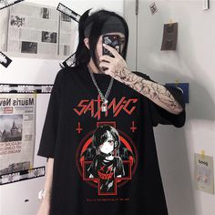 vintage anime cartoon t shirt harajuku women clothes gothic tshirt streetwear print loose tops Korean summer black t-shirt Dark Punk, Harajuku Clothes, 90s Fashion Men, Gothic Shirts, Harajuku Women, Vintage Clothing Stores, Grunge Streetwear, Cartoon Outfits, Aesthetic Women