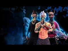 three men with masks on their faces standing in front of an evil demon and demon - like background