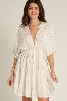 Ivory Stripe Kimono Mini Dress - STYLED BY ALX COUTUREDRESS Chic Dresses With Flowy Kimono Sleeves, Chic Flowy Dress With Kimono Sleeves, Glamorous Beige Summer Dress, Beige Dresses With Kimono Sleeves For Vacation, Beige Dress With Kimono Sleeves For Vacation, Summer V-neck Shimmer Mini Dress, V-neck Shimmer Dress For Summer, Chic Gold Beach Dress, Elegant Flowy Dress With Kimono Sleeves