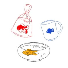 an image of two fish in a bowl next to a bag and a cup filled with water