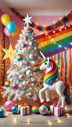 a white christmas tree decorated with rainbows and balloons