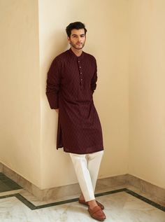 Ox Blood Kurta Set - Contrast by Parth Red chikankari kurta with pants Included in purchase: Kurta and Pants Product Specification Color: Red (can be customized) Fabric: Chikankari georgette Occasion: Formal Event, Wedding, Bridal, Reception Style: Kurta Set Designer: Contrast by Parth Care: Dry Clean Only Work: Hand Embroidered ( Variation in color, fabric & detail is possible. Model images are only representative.) This can be customized in any color, size or style of your choice. ** Please co Wine Colour Kurta For Men, Traditional Indian Mens Clothing, Kurta Designs Men's, Indian Wedding Clothes For Men, Boys Kurta Design, Wedding Kurta For Men, Kurta Pajama Men, Wedding Dresses Men Indian, Chikankari Kurta