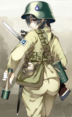 an anime character with a large knife in his hand and a helmet on her head