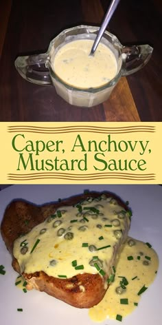 two pictures with different types of food on them and the words caper, anchoy, mustard sauce