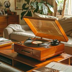 Vintage record player in cozy room surrounded by plants and furniture, evoking nostalgia and peaceful music listening. Music Setup, Nostalgic Music, Music Corner, Vintage Record Player, Vinyl Albums, Vinyl Player, Cozy Furniture, Lazy Sunday, Music Aesthetic