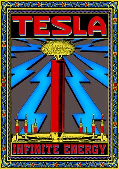 a poster with the words tesla and an image of a space station in red, blue,