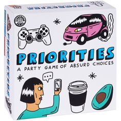 a card game box with an image of a woman holding up a cell phone and drinking coffee