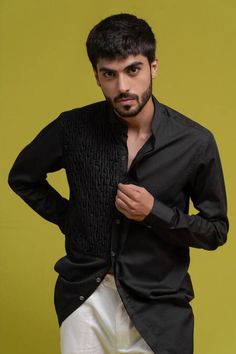 Buy Black Pure Cotton Smocked Kurta And Pant Set For Men by Runit Gupta Online at Aza Fashions.