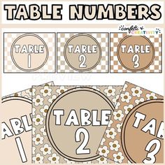 table numbers are shown with brown and white polka dot designs on the top, bottom and bottom