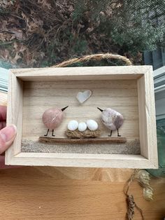 a hand holding a small wooden box with three birds on it and eggs in the nest