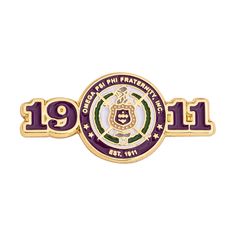 an emblem for the university of pennsylvania, with purple and gold lettering on white background