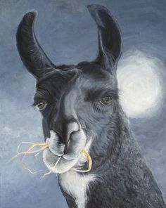 an oil painting of a llama with a string in its mouth and moon in the background