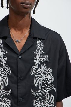 Available In Black, Brown and Cream Fold Down Collar Front Button Closure Embroidered Detail Short Sleeve 100% Cotton Disclaimer: Embroidery Placement Will Vary. Imported | Mens Deering Embroidery Shirt in Black size Medium by Fashion Nova