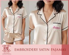 👗 Material used for Kids 98% Polyester 2% Spandex { Flame Resistant } 👗👗 Embroidered Satin Pajamas Set 👗👗 👗 Our lightweight, breathable satin feels luxurious and is perfect for lounging or sleeping comfortably. 👗 Personalize your pajama set with your initials, name, or a meaningful symbol for a unique touch. 👗 Choose from a wide range of pajamas colors, including blush, light pink, classic black, navy blue, and ivory etc. 👗 The set includes a relaxed-fit short-sleeve top with matching shorts. 👗 Available in various sizes for a perfect fit. Please Refer to size chart given in the listing and they are true to the size chart. 👗 This personalized satin sleepwear makes an ideal gift for bridesmaids, birthdays, holidays, wedding $ sleepover party Etc.  Details  👗 Material : 100% Sati Wedding Sleepover, Satin Pajamas Set, Embroidered Pajamas, Monogrammed Pajamas, Bridesmaid Pajamas, Bridesmaid Pjs, Short Pajamas, Satin Sleepwear, Satin Short