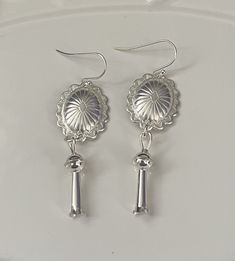 Sterling silver Concho and squash blossom earrings with sterling silver hooks  southwestern style earrings measure from top of Concho to bottom-2" Silver Dangle Western Earrings, Nickel Free Sterling Silver Western Earrings, Silver Western Style Earrings, Silver Concho Dangle Earrings, Silver Dangle Earrings With Concho, Bell Gardens, Squash Blossom, Southwestern Style, Style Earrings