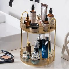 This turntable organizer can be used as: perfume holder organizer, bathroom organizer countertop, nail polish organizer, dresser organizer countertop, skin care organizer, spice racks, fruit case, etc. The bedroom, bathroom, closet cabinet, kitchen, dresser, office, or countertop are good places to place it. Colors: White Clear/Green/Gold Size: 2 Tiers/3 Tiers Material: Plastic & Alloy Steel Style: Light luxury Mounting Type: Tabletop Mount Size: 2 Tier.  Color: Yellow. Makeup Carousel, Bathroom Skincare Organization, Makeup Organizing, Cosmetics Organizer, Uni Dorm, Rotating Makeup Organizer, Organize Bathroom Countertop, Dresser Organizer, Makeup Stand