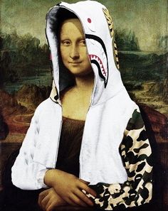 a painting of a woman wearing a shark hoodie