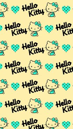 hello kitty wallpaper with hearts and the word hello kitty written in black on a yellow background