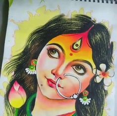 a drawing of a woman's face with flowers in her hair and nose ring