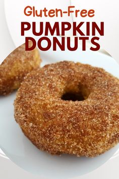 two glazed donuts on a white plate with the words gluten - free pumpkin donuts