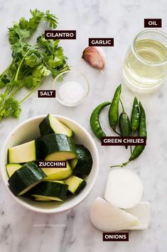 the ingredients to make cucumber soup are shown in bowls and labeled with their names