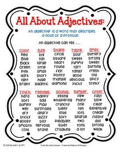 an all about adjective poster with the words in red and black on it