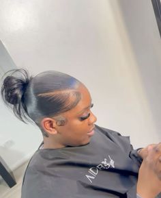 V Part Slick Back, Spike Bun, Layers Quick Weave, Quick Weave Updo, Hair Styles Side Part, Weave Updo Hairstyles, Weave Updo, Bun Slick, Hairstyles Curtain Bangs