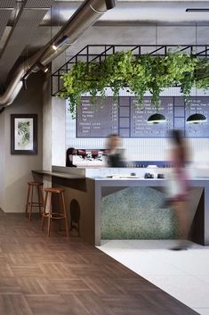 the interior of a restaurant with wooden floors and plants hanging from the ceiling, along with bar stools