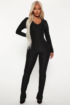 Available In Black. Jumpsuit V-Neck Long Sleeve Bodycon Stacked Skinny Leg Back Keyhole Stretch 31" Inseam 90% Polyester 10% Spandex Imported | Slay My Way Stacked Jumpsuit in Black size 1X by Fashion Nova Jumpsuit Black, Baddie Hairstyles, Long Sleeve Bodycon, Jumpsuit Fashion, Black Jumpsuit, My Way, Jumpsuits For Women, Fashion Nova, Black Fashion