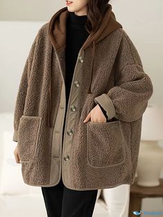 Orcajump - Hooded Teddy Fall & Winter Coat, Casual Button Front Drop Shoulder Outerwear, Women's Clothing