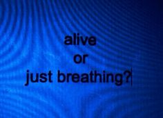 the words alive or just breathing are displayed on a blue screen with black lines in it