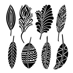 black and white silhouettes of feathers with different designs on the back, including an egg