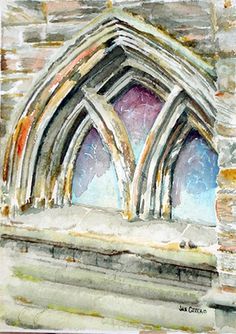 watercolor painting of an old church window