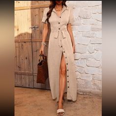 Khaki Button Down Maxi Dress With Belt. Bust 96 Cm, Waist 78 Cm, Hip 103 Cm, Length 140 Cm, Casual, Type Shirt Dress, Belted Collar, Short Sleeve, Maxi, High Waist, Straight, 100% Polyester, Machine Wash, Non-Stretch. Button Down Maxi Dress, Maxi Dress With Belt, Long Sleeve Short Dress, Dress With Belt, Women Long Dresses, Long Shorts, Short Sleeve Dress, Button Design, Sleeve Dress