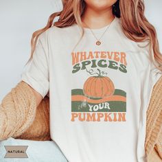 This Retro Vintage Inspired Fall Graphic Tee will be your go to shirt this Halloween and Thanksgiving Season! This Fall Crewneck is the perfect gift for the Pumpkin Spice Latte lover in your life.  PRODUCT DESCRIPTION ✿ Bella + Canvas tee ✿ 100% Cotton, Unlined, Light Fabric ✿ Unisex sizing; Relaxed fit with stretch ✿ Runs true to size; size up for an oversized look ✿ Direct-to-Garment printing (ink directly printed into the fabric = no fading or peeling off!) ✿ Colors may vary from different vi Retro Fall Tshirt, Fall T-shirt, Funny Orange Tops For Fall, Funny Orange Top For Fall, Funny Custom Print Tops For Fall, Fall Graphic Tee, Fall Crewneck, Pumpkin Spice Shirt, Fall Graphic