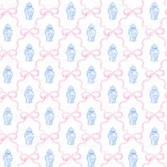 an abstract pattern with blue and pink shapes on a white background that has wavy ribbons in the shape of bows