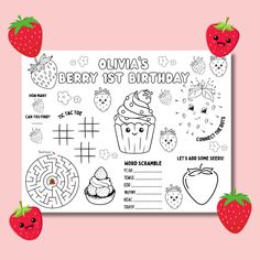 a strawberry themed birthday party activity sheet with cupcakes and other items on it