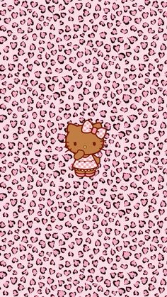 hello kitty wallpaper with pink and black leopard print on the bottom, and a brown teddy bear in the middle