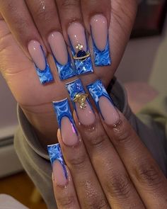 Marble And French Tip Acrylic Nails, Long Blue Acrylic Nails Designs, Blue Freestyle Acrylic Nails, Blue Nails Black Women, Blue Nail Sets, Blue Freestyle Nails, Pretty Blue Nails Acrylic, Dope Nail Designs Swag, Long Blue Acrylic Nails