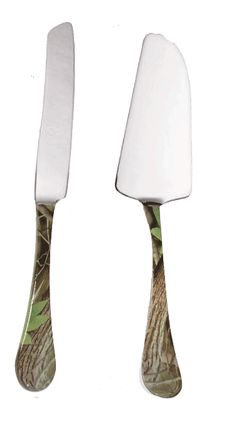 two knives with camouflage handles are shown on a white background and one is cut in half