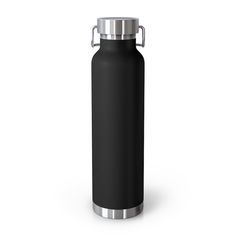 thermos bottle is black and silver with a stainless steel cap on it's side