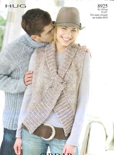 a man and woman wearing sweaters and hats are posing for a magazine advert