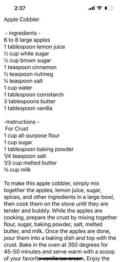 an apple cobbler recipe is shown in black and white, with the instructions for how to make it