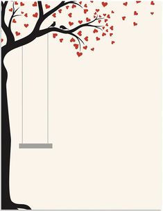 a tree with hearts hanging from it's branches and a swing in the middle