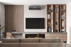 modern living room with fireplace and entertainment center