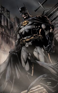 the batman is standing in front of a cityscape with his bat on it