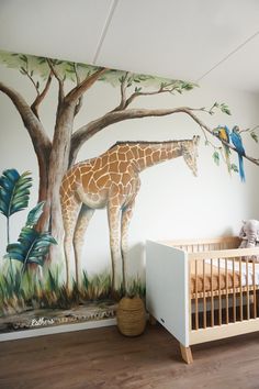 a baby's room with a giraffe mural on the wall and a crib