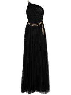 black tulle overlay gathered detailing gold-tone hardware one-shoulder detachable chain-link waist strap maxi Givenchy Outfit, Uzun Boy, Dress Reference, Tulle Dress Long, Black Tulle, Waist Strap, Asymmetrical Tops, Dressy Outfits, Red Carpet Dresses