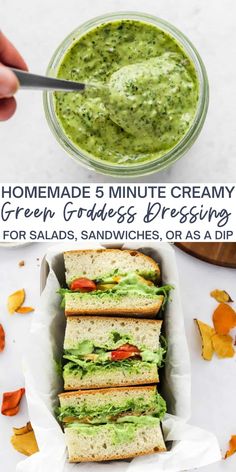 homemade 5 minute creamy green goddess dressing for salads, sandwiches or as a dip